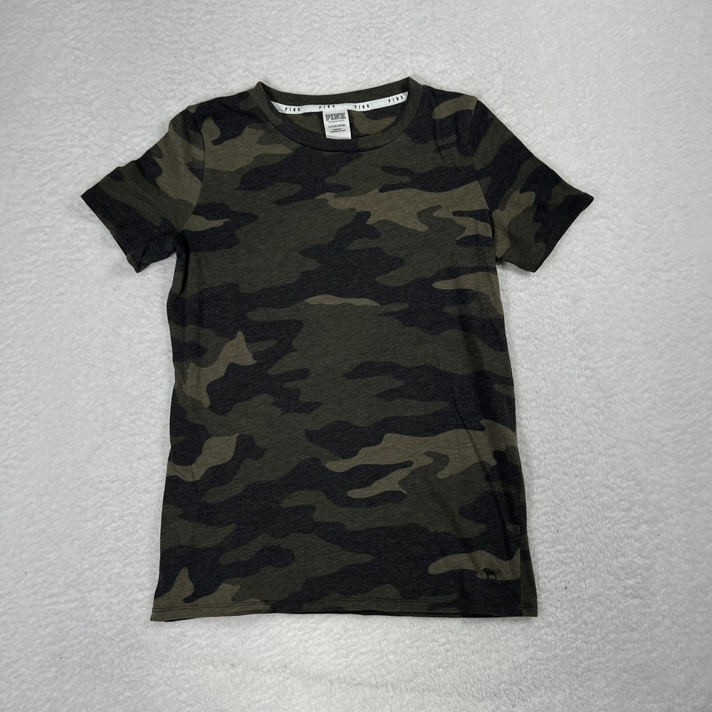 PINK Victorias Secret Womens Small Green Camo Sleepwear T-Shirt Dog Logo